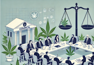 Artistic rendering of a cannabis council meeting with cannabis leaves and people around a table