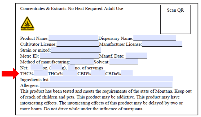 Product label for consumable cannabis product with red arrow to indicate where to find THC percentage