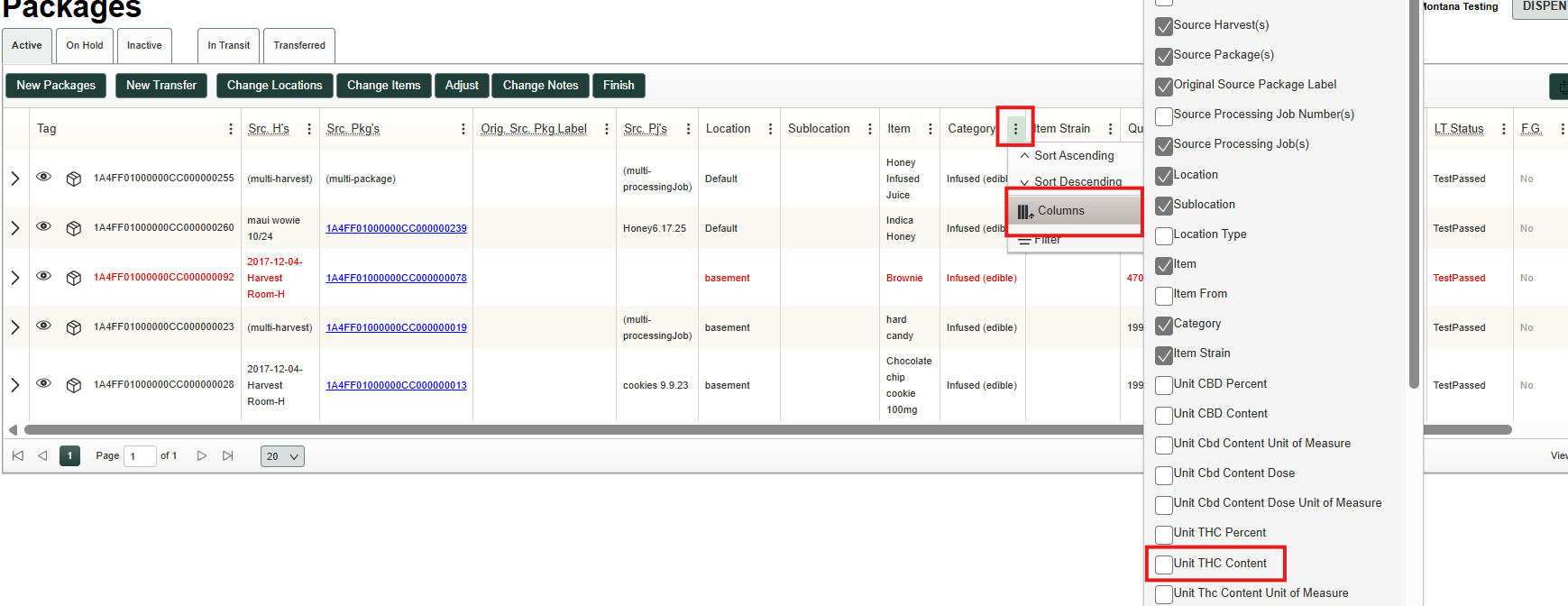 Metrc Packages screen showing a column options panel open on the right side. The three-dot column menu icon is highlighted in red. The column selection panel is visible with various column options listed. The Unit THC Content checkbox at the bottom of the list is highlighted with a red box.