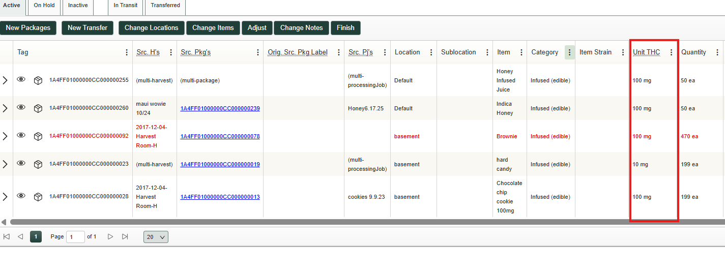 Metrc Packages screen showing the Unit THC column now visible and populated. The Unit THC column header and its values — 100 mg, 100 mg, 100 mg, 10 mg, and 100 mg — are highlighted with a red box.