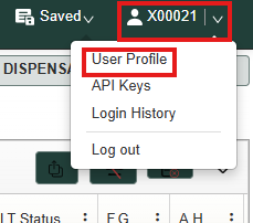 Metrc top navigation bar showing the user account dropdown menu open. The User Profile option is highlighted with a red box. Other options visible in the menu are API Keys, Login History, and Log out.