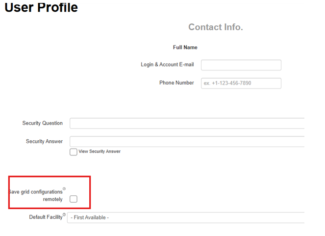 Metrc User Profile page showing contact info fields and account settings. The Save grid configurations remotely checkbox near the bottom of the page is highlighted with a red box.