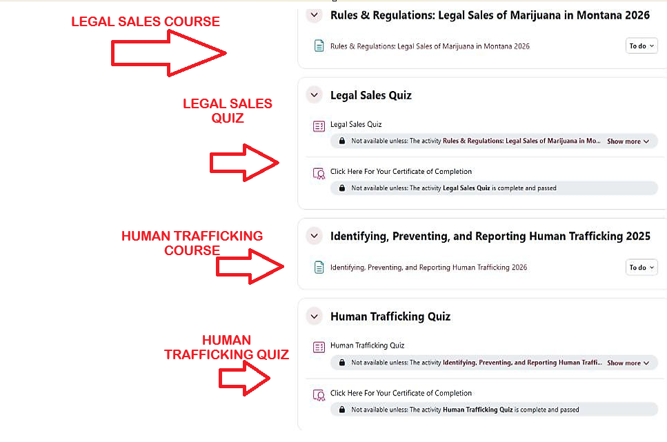 Moodle top navigation bar in dark red showing the Cannabis and Alcohol Regulation Division Montana logo on the left, with navigation links for Dashboard, My courses, and Catalog. The word 'Catalog' is highlighted with a red rectangle.