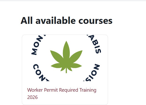 General course overview section. Text states participants must review each training and take quizzes that appear after training is completed, both trainings are required annually for a Montana marijuana worker permit, and participants must pass with 80% or higher to receive a certificate needed for permit applications. A bolded note states the name on the certificate will match the profile name and instructs users to correct their name before starting.