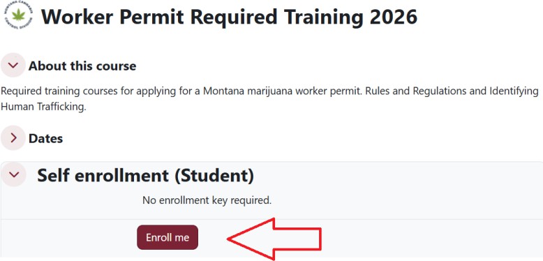 Course dashboard with four sections identified by red arrow labels: Legal Sales Course showing 'Rules and Regulations: Legal Sales of Marijuana in Montana 2026' with status To Do; Legal Sales Quiz showing as locked until the course is complete; Human Trafficking Course showing 'Identifying, Preventing, and Reporting Human Trafficking 2026' with status To Do; and Human Trafficking Quiz showing as locked until that course is complete. Each section also has a locked certificate of completion link.