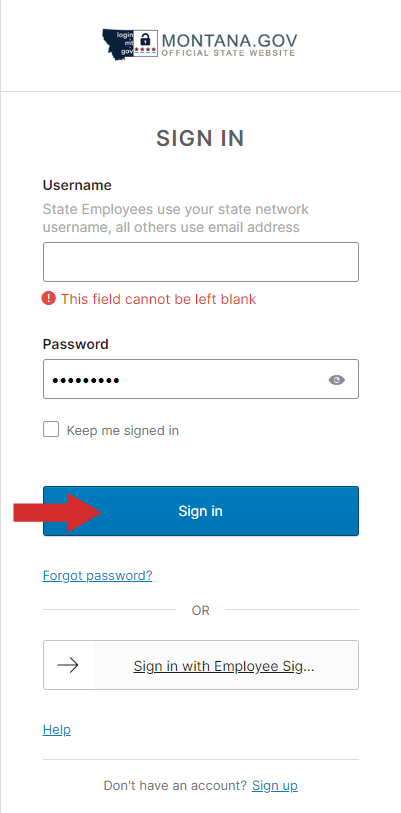 Sign-in form screenshot with red arrow pointing to the Sign-In button