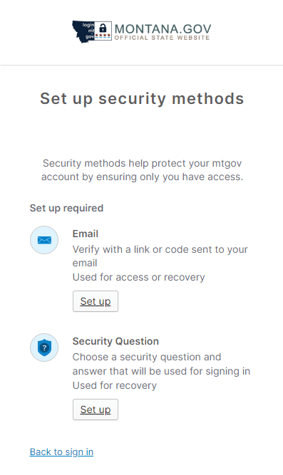 Screen shot for security method set-up steps: Email and Security Questions options are shown