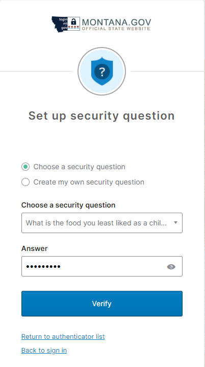 Security Question screenshot, showing a drop-down list to select a security question and an answer hidden for security