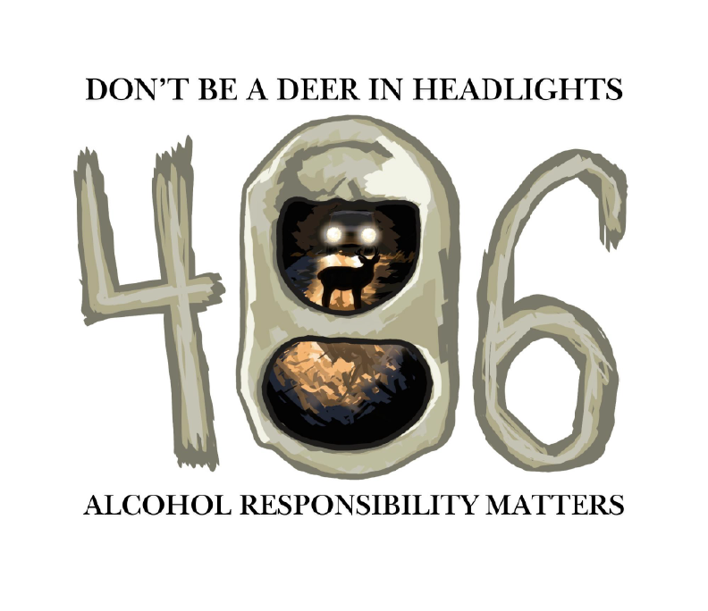 Illustration of '406' — Montana's area code — where the zero is styled as a beer bottle cap. Inside are two scenes: a deer frozen in headlights on a dark road, and a mountain landscape. Text reads 'Don't Be a Deer in Headlights' and 'Alcohol Responsibility Matters.'